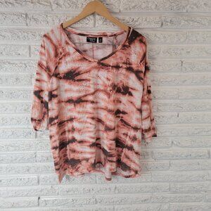 Onque Casual Womens Top 3X Plus Tee 3/4 Sleeve Pink Black Tie Dye Studded TIE2XE